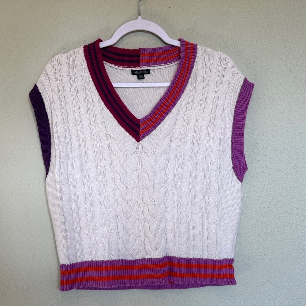Wild Fable V-Neck Cable Knit Sweater Vest - Cream with Purple, Orange and Pink